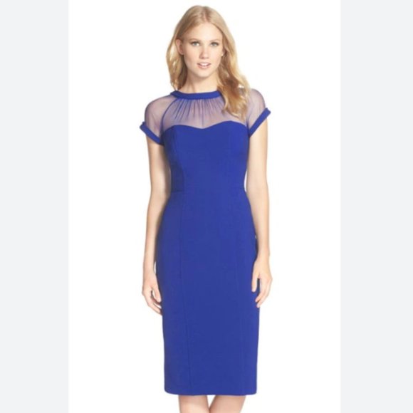 Maggy London Illusion Yoke Crepe Cocktail Dress Bristol Blue - Picture 1 of 6